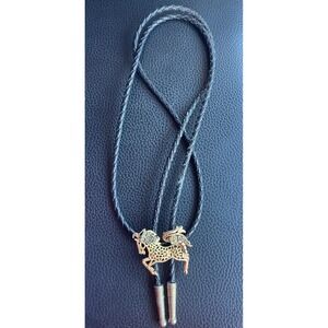 Vintage Gold Tone Filigree Horse Rhinestone Bolo Tie Black Braided Cord Western